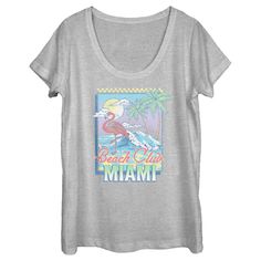 Remember: Not all who wander are lost, so get out there and have a little wanderlust with trendy new retro-inspired destination graphics from all around the world from Lost Gods! This Lost Gods Women's Beach Club Miami Scoop Neck Graphic T-Shirt features a fun, distressed graphic of a beach scene with a flamingo and palm trees, along with: "Beach Club Miami" in pink and green across the front. Go exploring with Lost Gods today! Graphic Print Short Sleeve T-shirt For Travel, Graphic Tee With Letter Print For Travel, Retro Crew Neck Tops For Outdoor Activities, Graphic Tee With Crew Neck For Travel, Summer Travel Graphic Tee Tops, Summer Travel Tops With Graphic Print, Summer Travel Crew Neck Tops, Summer Crew Neck Tops For Travel, Crew Neck Tops For Summer Travel