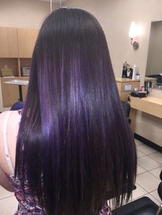 Black W Purple Highlights, Long Black Hair With Purple Streaks, Purple Highlights Black Hair Straight, Straight Hair Purple Highlights, Brown Hair With Dark Purple Highlights, Brown Hair With Highlights Purple