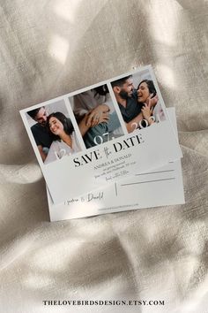 save the date postcard with three photos on it, sitting on a bed sheet