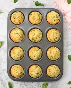 a muffin tin filled with freshly baked spinach and cheese muffins on a marble surface