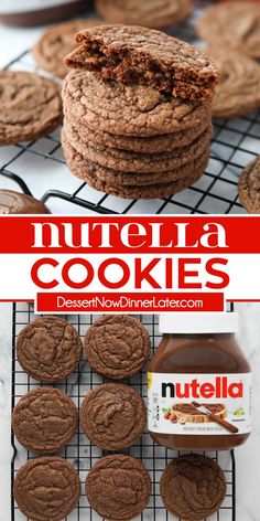 chocolate cookies and peanut butter on a cooling rack with nutella cookie in the background