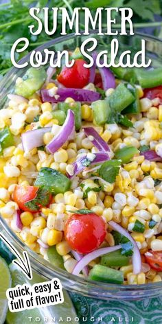 a bowl filled with corn salad and garnish