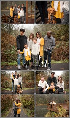 a collage of family photos taken in the fall with their dog and two children