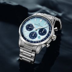 The Freedom collection is strongly tied to an appreciation of the great outdoors that carries across generations. The vintage-inspired design elements including the sky blue dial evoke the aesthetics of the 60s. CASE Material: 316L stainless steel case Diameter: 40.00mm Thickness: 14.90mm Width between lugs: 20.00mm Lug to lug: 49.20mm Water resistance: 100m Double anti-reflective, scratch-proof, box type sapphire glass on top Open case back with scratch-proof flat sapphire glass Screwed-down crown with NORQAIN logo Engraved 316L stainless steel NORQAIN Plate on the left side of the case Bezel: 316L stainless steel bezel DIAL Sky blue dial with sunray finish White tachymeter scale on dark blue outer ring Dark blue counters at 3, 6 and 9 o’clock Diamond-cut flat indexes, with white printing Modern Blue Watch Accessories With Metal Dial, Modern Blue Automatic Watch Accessories, Modern Blue Watch With Subdials, Modern Blue Chronograph Watch Accessories, Timeless Blue Watch Accessories, Modern Blue Watch With Metal Dial, Formal Blue Chronograph Watch With Metal Dial, Modern Blue Chronograph Watch, Luxury Blue Chronograph Watch With Round Dial