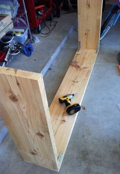 a wooden bench being built in a garage