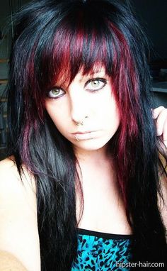 Black hair with red on bangs and around face.  ("Scene hair," whatever?) Peekaboo Bangs, Red Scene Hair, Emo Hairstyles, Peekaboo Color, Emo Emo, Peekaboo Highlights, Hipster Hairstyles, Emo Scene Hair, Peekaboo Hair