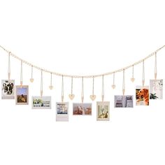 a string with pictures hanging from it's sides and hearts attached to the strings