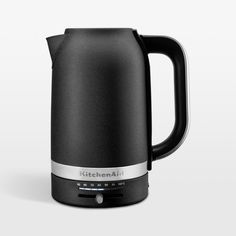 a black kitchenaid kettle is shown with the lid open and it's handle extended