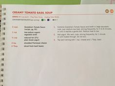 a recipe book with instructions on how to make creamy tomato basil soup