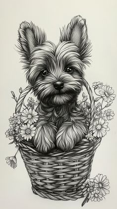 a drawing of a dog sitting in a basket with flowers