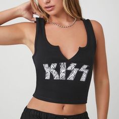 Size: Various Color: Black Condition: New In Packaging Black Letter Print Tank Top For Spring, Trendy Graphic Print Crop Top For Night Out, Spring Tank Top For Concert, Edgy Black Letter Print Tank Top, Edgy Black Tank Top With Letter Print, Trendy Black Tank Top, Chic Black Crop Top For Streetwear, Summer Tank Top With Letter Print For Night Out, Summer Night Out Tank Top With Letter Print