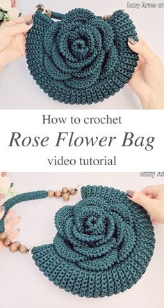 the crochet rose flower bag is being made with yarn and beaded beads