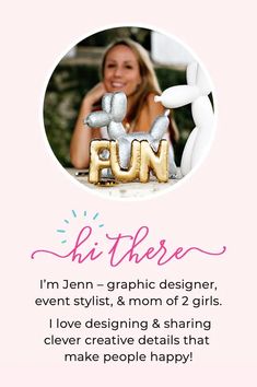 a woman is sitting at a table with an inflatable balloon and the words fun on it