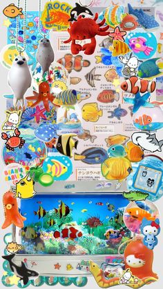 an assortment of sea life stickers are displayed on a white background, including fish and marine creatures