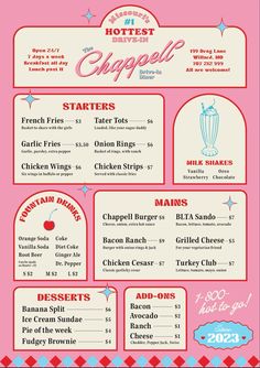 the menu for hot dogs and other foods is shown in this pink poster with red, white