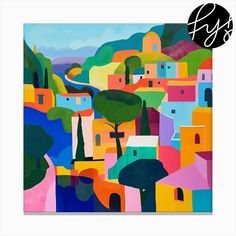 an abstract painting of colorful houses and trees