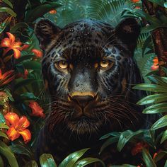 a painting of a black leopard surrounded by tropical plants and flowers with bright yellow eyes