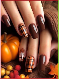 orange and plaid nails, . Fall themed nail art Inspirational Nails, November Nail Designs, Nagel Stamping, Plaid Nail Designs, Thanksgiving Nail Designs, November Nails, Fall Nail Trends, Fall Gel Nails, Fall Nail Art Designs