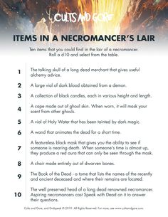 a poster with some words on it that says cuts and core items in a necromanceer's fair