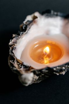 an open oyster shell with a lit candle inside