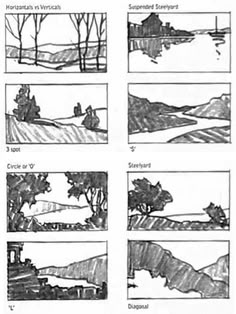 several different views of trees and mountains in black and white, with text below them