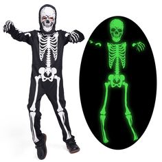 PRICES MAY VARY. ⭐PACKAGE INCLUDE:1 pcs of glow in the dark skeleton costume,1 pair of white bones gloves,1pcs of separate hood. ⭐CONSTRUCTION: This is an all in one glow in the dark screen print skeleton costume with white bones over the front bodice,on hood and on the gloves. There is velcro release at the back bodice of this skeleton fancy dress ,easy to dress up ! ⭐HIGH QUALITY GLOW EFFECT: by using high quality print material and after 3 times of screen print, the whole skeleton costume gai Kids Skeleton Costume, Skeleton Fancy Dress, Skeleton Costume Kids, Child Skeleton, Creepy Costume, Glow In The Dark Skeleton, Skeleton Clothes, Dark Screen, Dark Skeleton