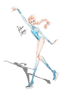 a drawing of a female figure with long hair and blue bodysuit, holding her arms out