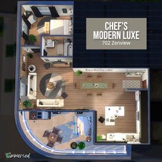 an overhead view of a living room and kitchen area in a model home with the words chef's modern luke above it