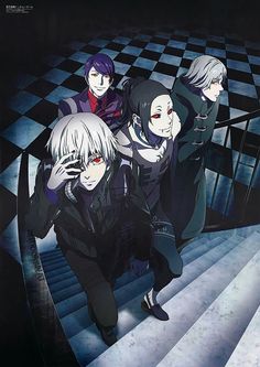 an anime scene with four people standing on the stairs and one is holding his head