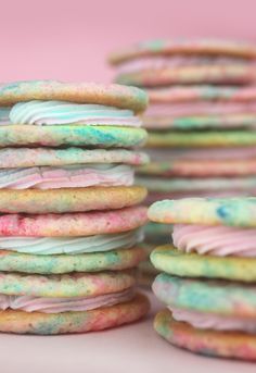 colorful cookies stacked on top of each other