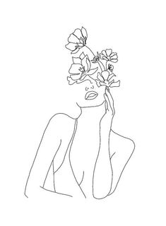 a line drawing of a woman with flowers in her hair