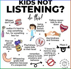 a poster with words and pictures on it that say, kids not listening do this