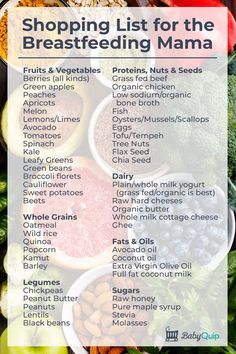 shopping list for the breastfeeding mama with lots of fruits and vegetables in bowls