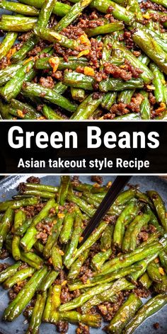 green beans in a pan with the title above it