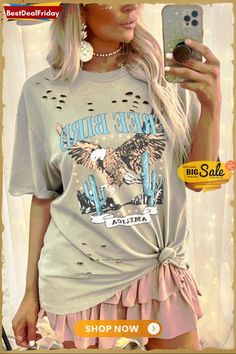 Distressed Free Bird Graphic Tee Distressed Graphic Tee, Bird Graphic, Free Bird, Women's Outfits By Occasions, Graphic Tops, Bird Print, Color Khaki, Short Sleeve Top, Fashion Prints