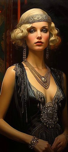 a painting of a woman with blonde hair and jewelry on her head wearing a black dress