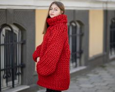 "MATERIAL : 100 % unspun merino wool COLOUR : Red ( There may be a slight difference because of the different monitors' representation) ♥ In the picture the model is wearing a garment with these measurements : A: ( Body lenght) : 27.6 \" / 70 cm B: ( Chest width) 22.4 \" / 57 cm C: (Sleeve from under the arm) : 22 \" / 56 cm D: (Neck unrolled) : 13.4 \" / 34 cm. They are taken with the item laid flat and not streched. ♥ For choosing your size please look at size chart in our listing pictures. Pl Bulky Sweater, Chunky Knit Sweaters, Bulky Sweaters, Winter Jumpers, Wool Sweaters Womens, Sweater Chunky, Red Jumper, Cable Knit Turtleneck Sweater, Chunky Knit Sweater