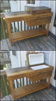 two pictures of a wooden table with drawers on the top and bottom, one is empty