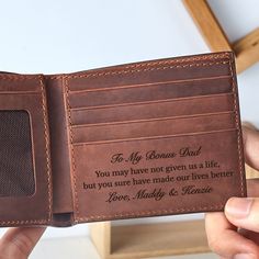 "This wallet can be personalized with the monogram of your choice, making a special gift that will be cherished for years to come. You can add a custom message on the inside (up to 20 words) to have a perfect present for groomsmen, husbands, boyfriends or fathers. P R O D U C T ∙ I N F O * Word limit: up to 20 words on the inside * Materials: Genuine leather * Dimensions: 4 3/8\" x 3 1/2\" x 5/8\" (11x9x1.5 cm) * Features: - 1 money slot - 5 card slots - 2 hidden slots H O W ∙ T O ∙ P E R S O N Personalized Rectangular Trifold Wallet, Father's Day Gift Trifold Wallet With Card Slots, Customizable Wallets For Father's Day Personalized Gift, Customizable Wallets For Father's Day, Father's Day Gift Trifold Wallet, Father's Day Gift Wallet, Classic Trifold Wallet For Father's Day, Customizable Rectangular Wallet For Personalized Gifts, Custom Rectangular Wallets For Gift