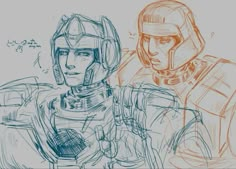 an image of two people that are in the same drawing style, one is wearing a helmet