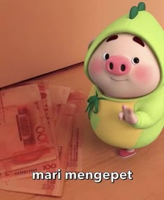 a cartoon pig is standing next to some money