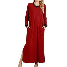 Season:Summer,Fall,Winter,Spring; Fabric:Spandex,Polyester; Sleeve Length:Long Sleeve; Gender:Women's; Nightwear Style:Pajamas,Nightgown,Nightshirt,Dress; Style:Soft,Simple,Casual; Elasticity:Micro-elastic; Occasion:Daily,Bed,Home; Age Group:Adults; Function:Warm,Breathable; Pattern:Patchwork; Design:Pocket; Neckline:V Wire; Listing Date:09/11/2023; Length:null; Bust:null; Sleeve Length:null Red Long Sleeve Nightgown For Home, Winter V-neck Sleepwear For Lounging, Red Long Sleeve Nightgown For Bedtime, Comfortable Long Sleeve Sleep Dresses, Red Long Sleeve Nightgown, Winter V-neck Sleepwear, Fall V-neck Sleepwear For Lounging, Red Sleepwear For Fall, Red Fall Sleepwear