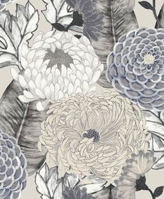 an artistic floral wallpaper with blue and white flowers on grey background, including large leaves