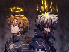 two anime characters standing next to each other in the rain with lightning coming from their foreheads