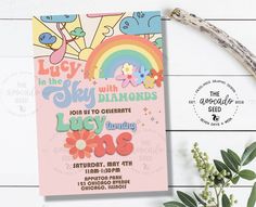 a pink birthday party card with an image of a rainbow and flowers