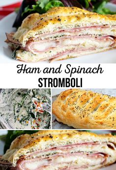 ham and spinach stromboli on a white plate