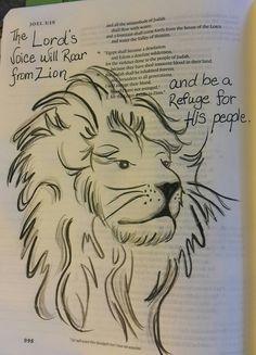 an open bible with a drawing of a lion