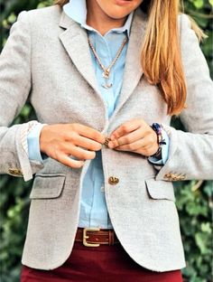 Like the colors and blazer material, nautical buttons are a bit much Flannel Jacket Outfit, Fall Flannel, Gray Blazer, School Style, Flannel Jacket, Jacket Outfit, Up Girl, Preppy Outfits, Work Fashion