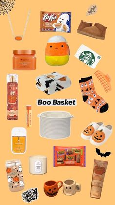 various items are arranged in the shape of a halloween themed image with words that read boo basket