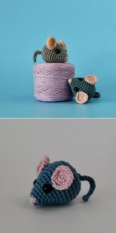 crocheted mice are sitting on top of twine and next to each other